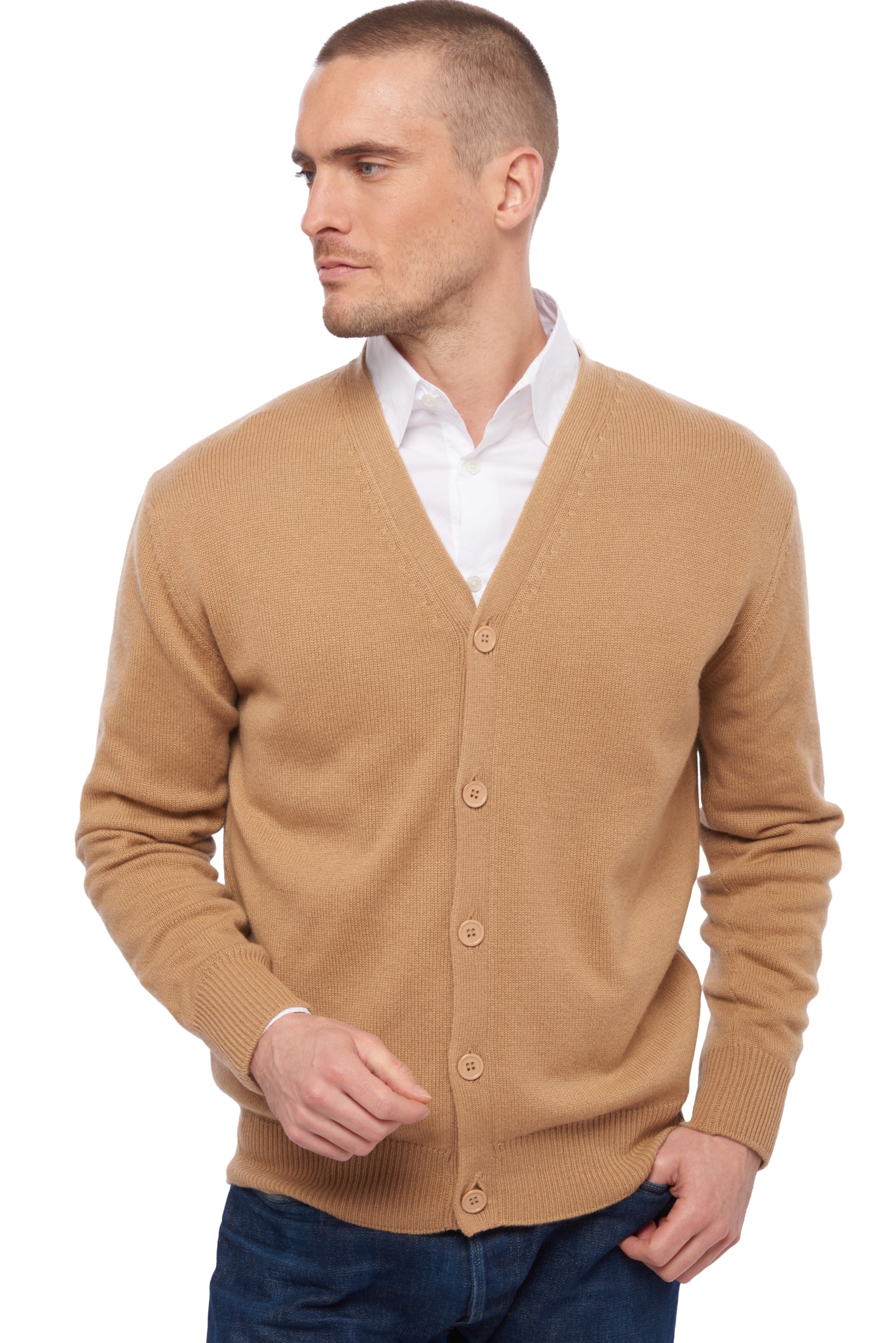 Cardigan in kasjmier, 100% kasjmier, heren, V-hals, knoopsluiting, rechte snit, lange mouwen, normaal / 2 en 4 draden, normaal breiwerk, Mahogany