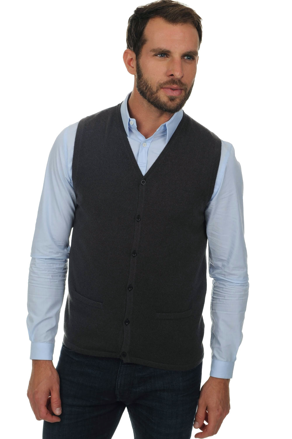 Cardigan in kasjmier, 100% kasjmier, heren, V-hals, knoopsluiting, getailleerde pasvorm, mouwloos, normaal / 2 en 4 draden, normaal breiwerk, Mahogany