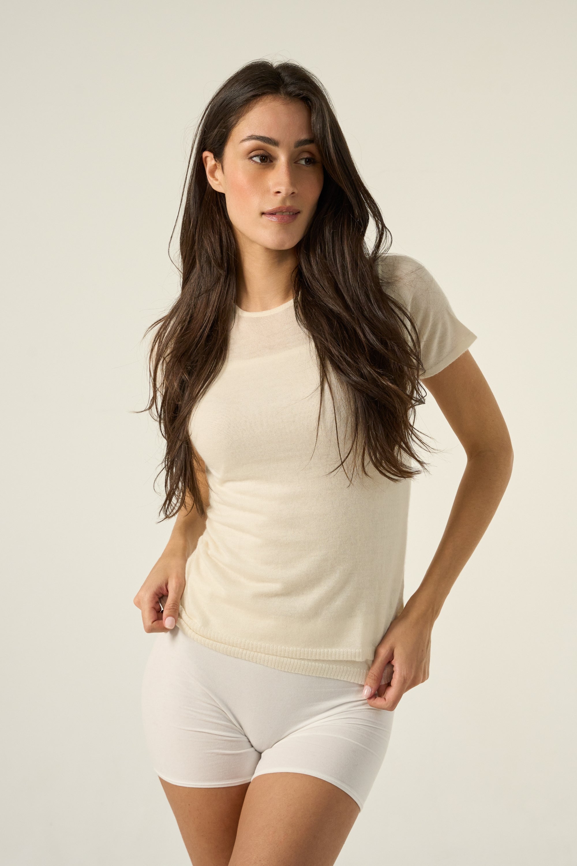T-shirt in kasjmierdonzen, 100% kasjmierdown, dames, ronde hals, rechte snit, korte mouwen, fijn, , Mahogany