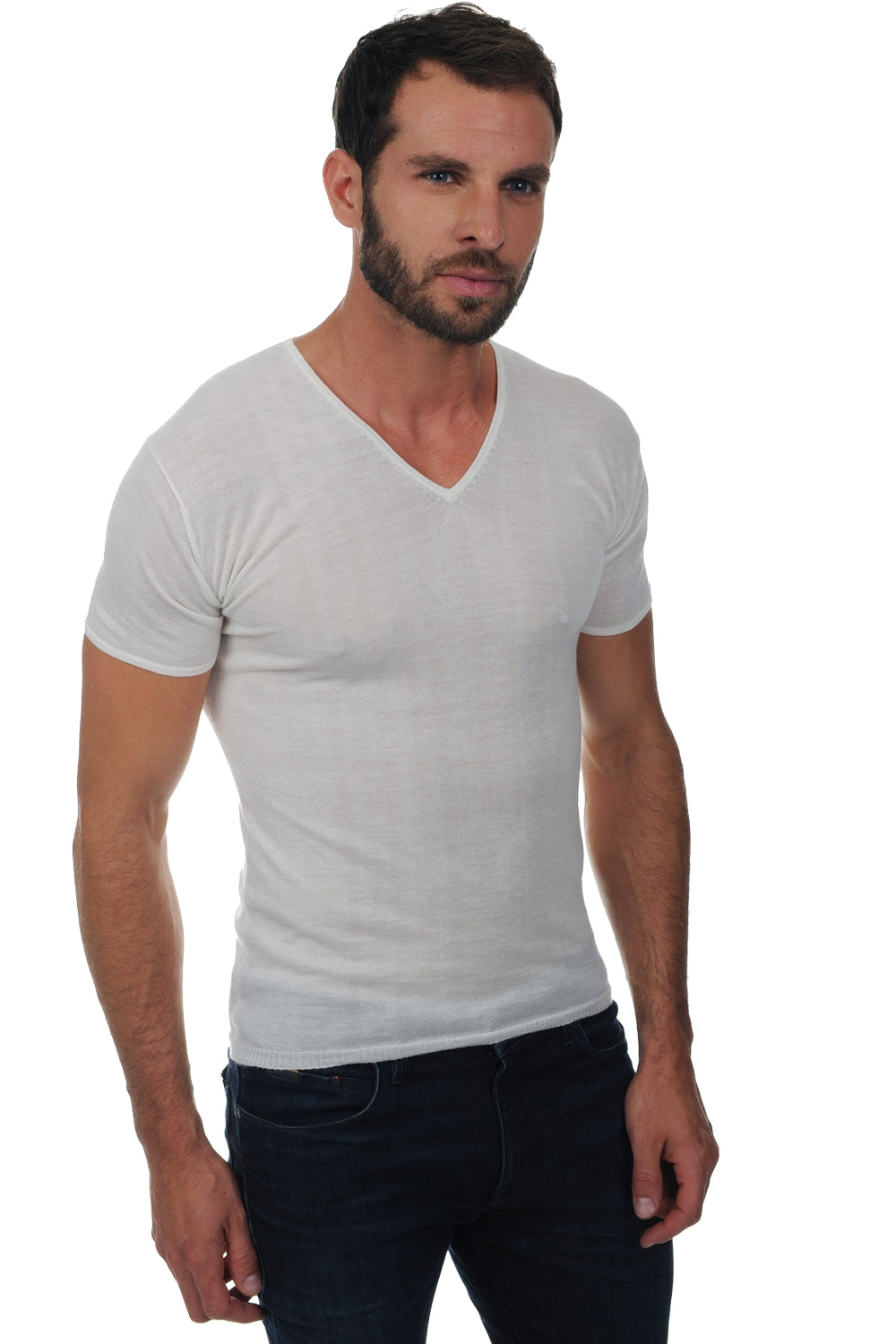T-shirt van kasjmierdons, 100% kasjmierdons, heren, V-hals, korte mouwen, slim fit, Mahogany