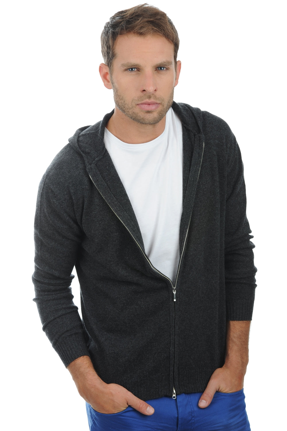 Sweatshirt in kasjmier, 100% kasjmier, heren, capuchon, ritsluiting, rechte pasvorm, lange mouwen, normaal / 2 en 4 draden, normale brei, Mahogany