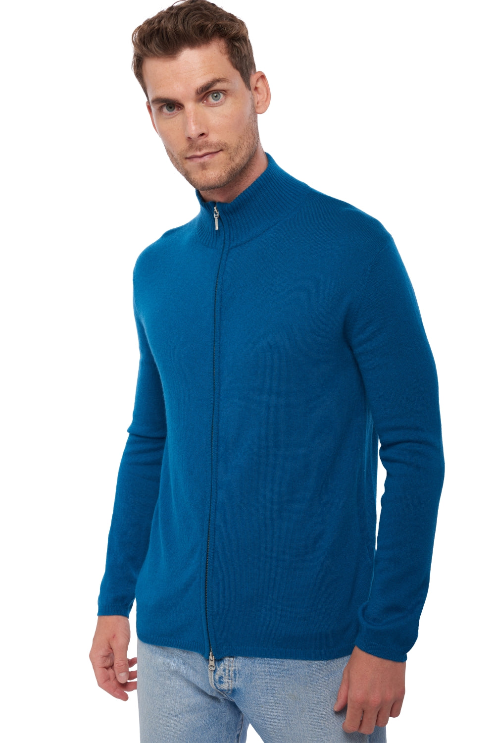 Cardigan in kasjmier, 100% kasjmier, heren, opstaande kraag / schoorsteenkraag, ritssluiting, rechte snit, lange mouwen, normaal / 2 en 4 draden, normaal breisel, Mahogany