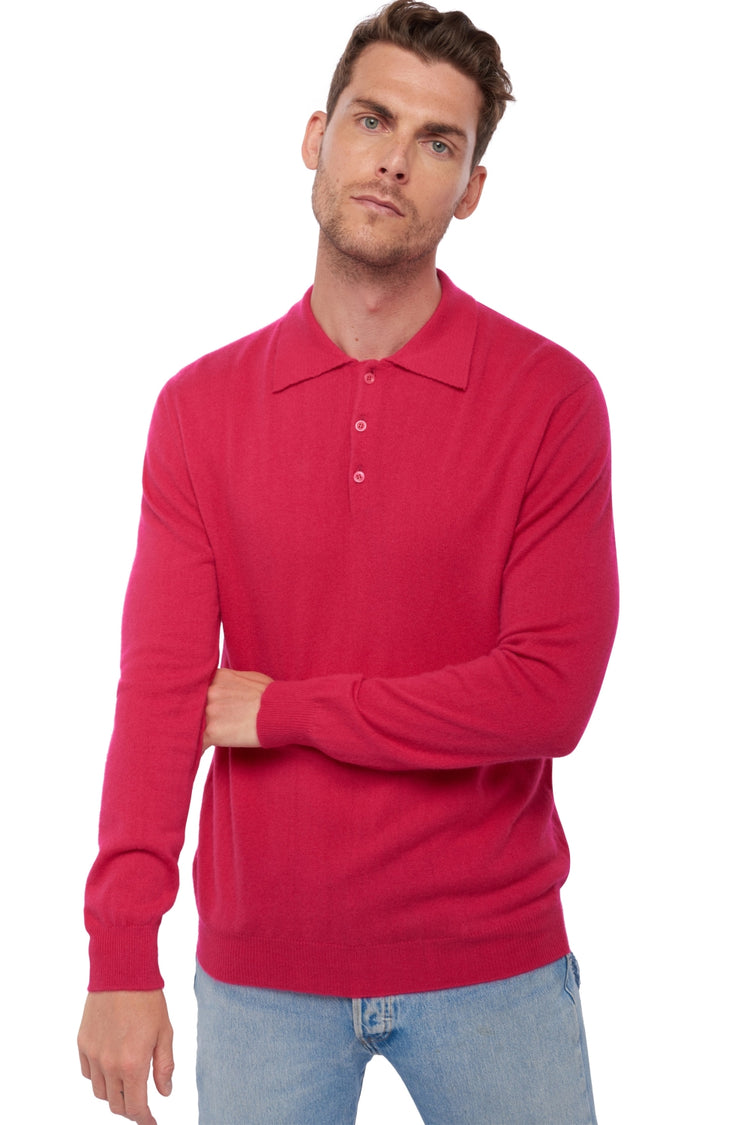 Polo in kasjmier, 100% kasjmier, heren, polokraag, knoopsluiting, rechte snit, lange mouwen, normaal / 2 en 4 draden, normaal breisel, Mahogany
