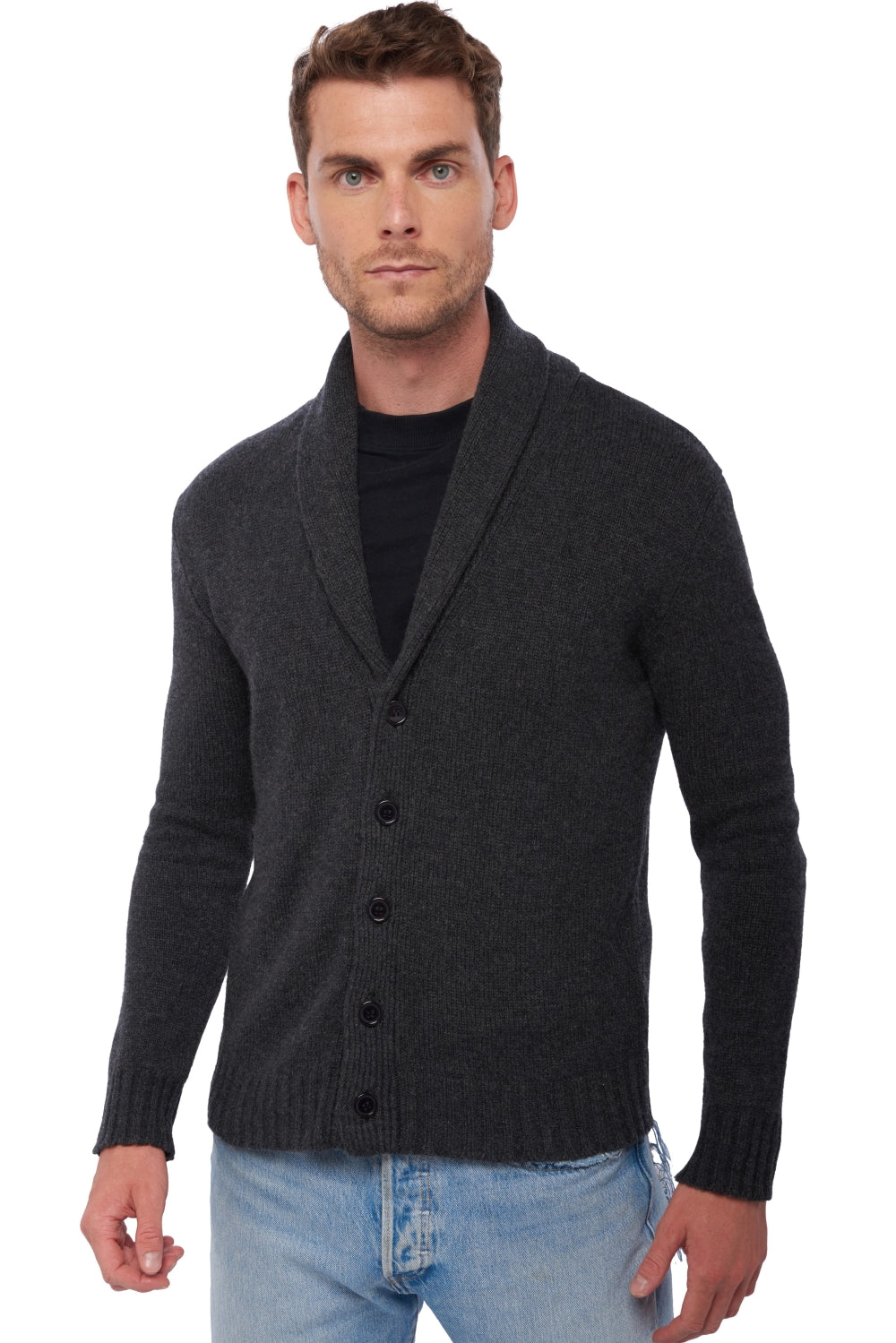 Cardigan in kasjmier, 100% kasjmier, heren, sjaalkraag, knoopsluiting, rechte snit, lange mouwen, grof / 6 draden en meer, normale brei, Mahogany