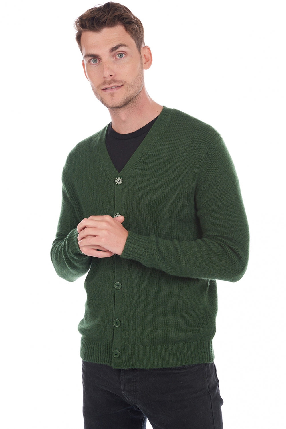 Kasjmieren cardigan, 100% kasjmier, heren, V-hals, knoopsluiting, rechte pasvorm, lange mouwen, grof / 6 draden en meer, normale brei, Mahogany
