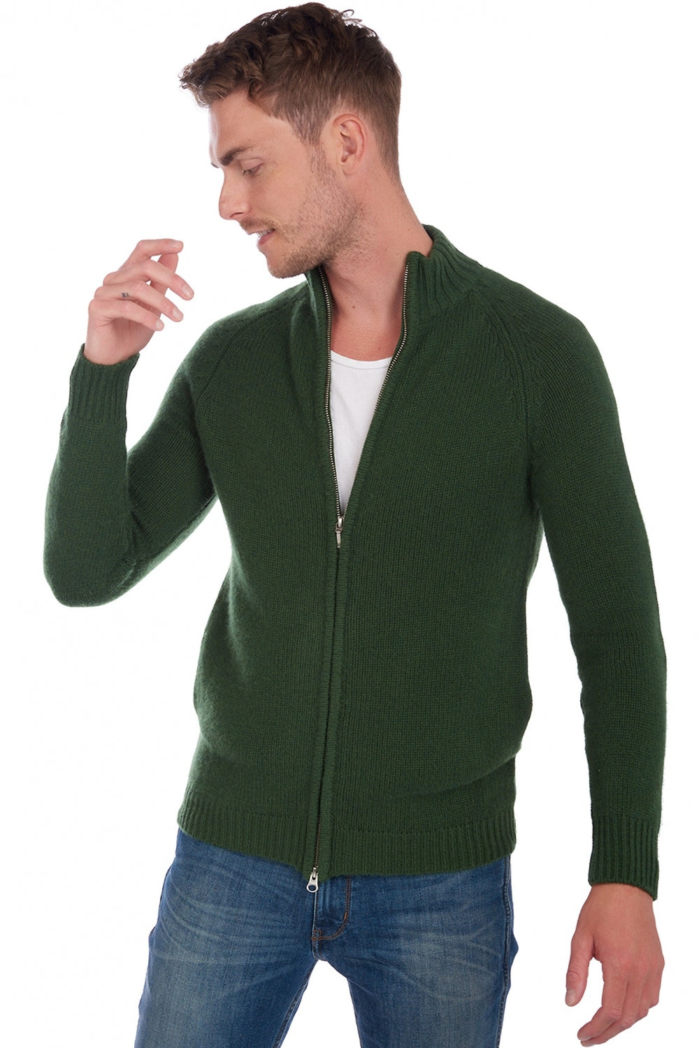 Cardigan van kasjmier, 100% kasjmier, heren, truckershals, ritssluiting, rechte pasvorm, lange mouwen, grof / 6 draden en meer, normaal breisel, Mahogany