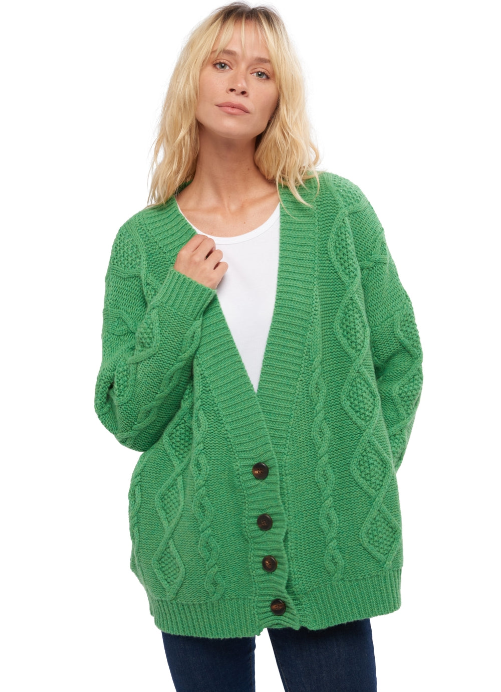 Cardigan in kasjmier, 100% kasjmier, dames, V-hals, knoopsluiting, ruime pasvorm, lange mouwen, grof / 6 draden en meer, kabelpatroon, Mahogany