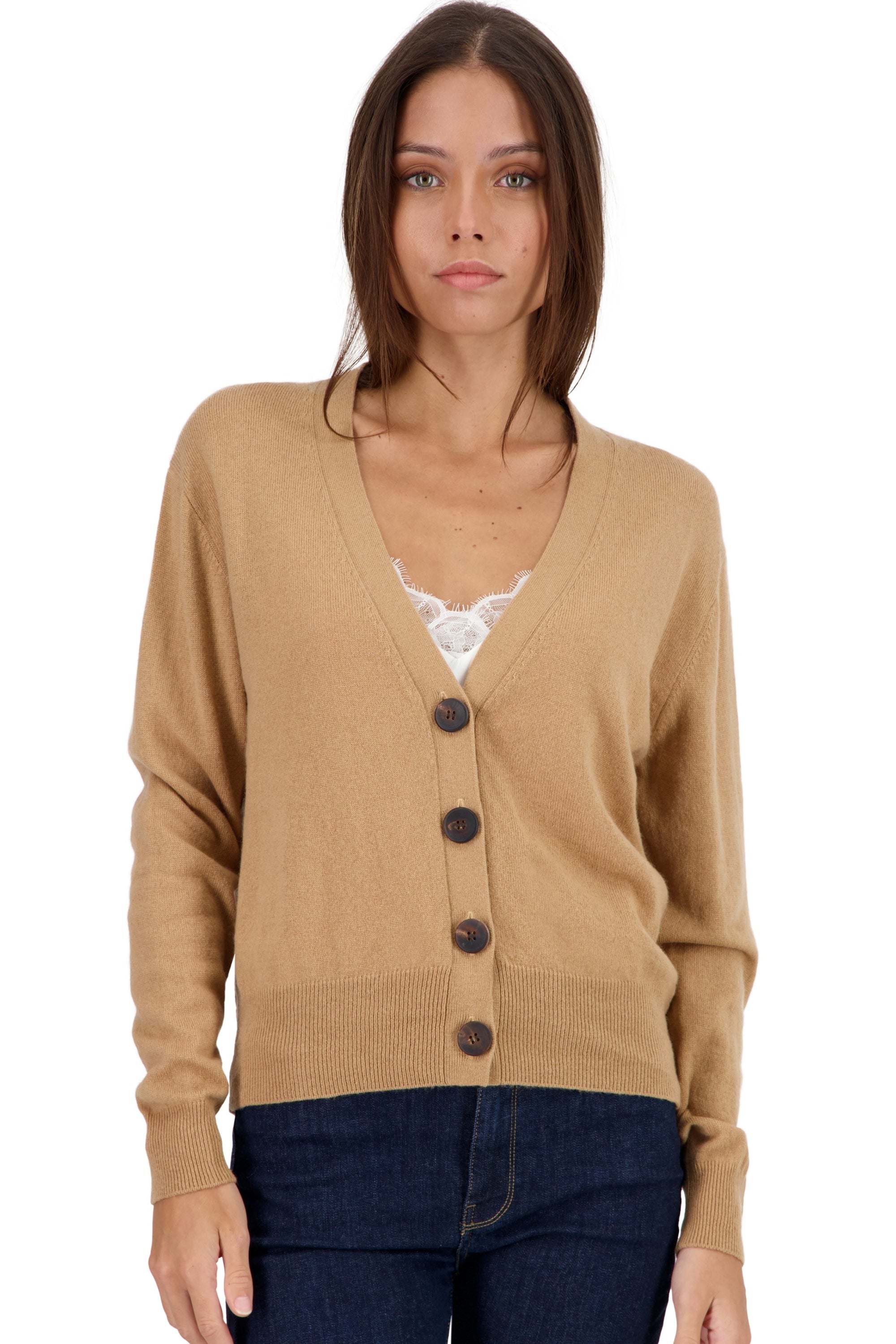 Cardigan van kasjmier, 100% kasjmier, dames, v-hals, knoopsluiting, rechte snit, lange mouwen, normaal / 2 en 4 draden, normale brei, Mahogany