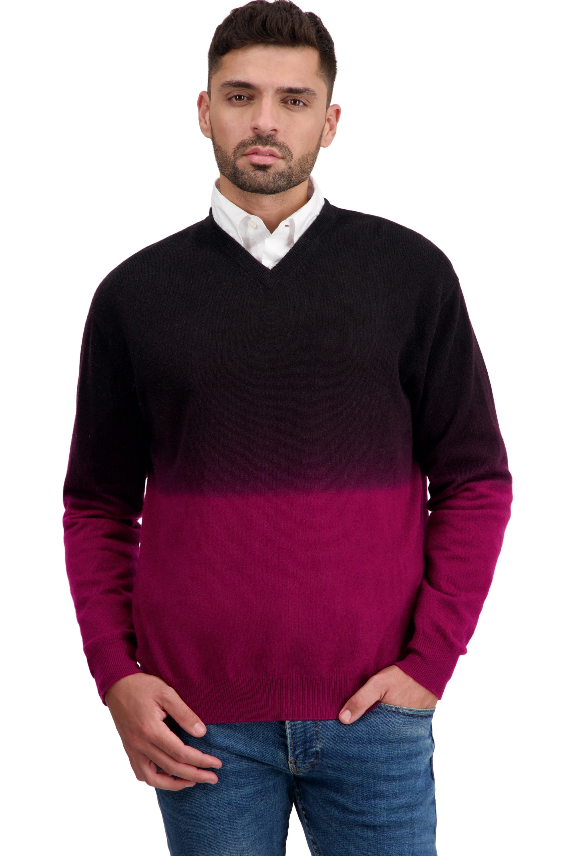 Kasjmieren trui, 100% kasjmier, heren, V-hals, wijde snit, lange mouwen, tie-dye, normaal / 2 en 4 draden, gewoon breisel, Mahogany
