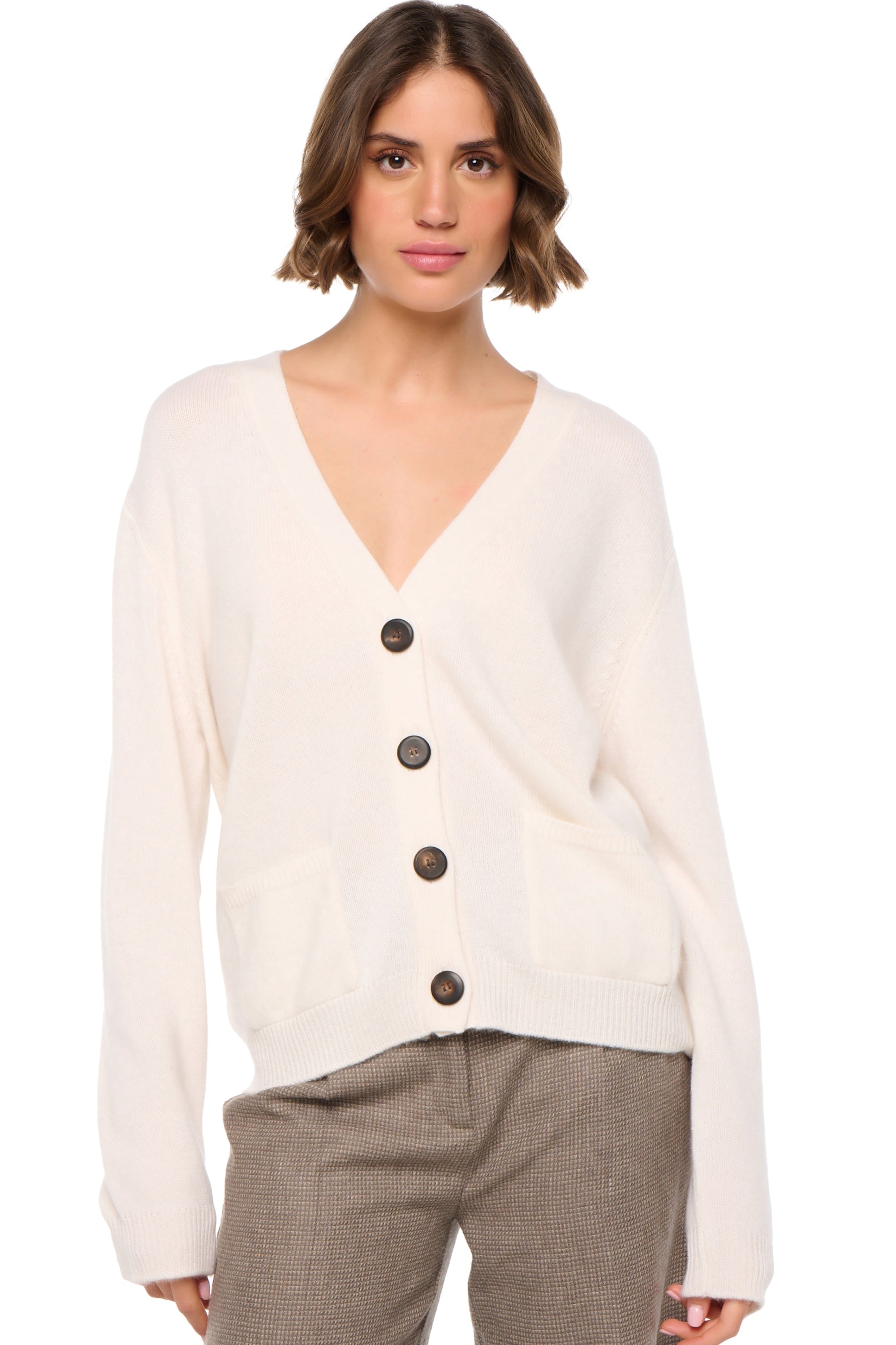 Cardigan van kasjmier, 100% kasjmier, dames, v-hals, knoopsluiting, rechte snit, lange mouwen, normaal / 2 en 4 draden, normale brei, Mahogany