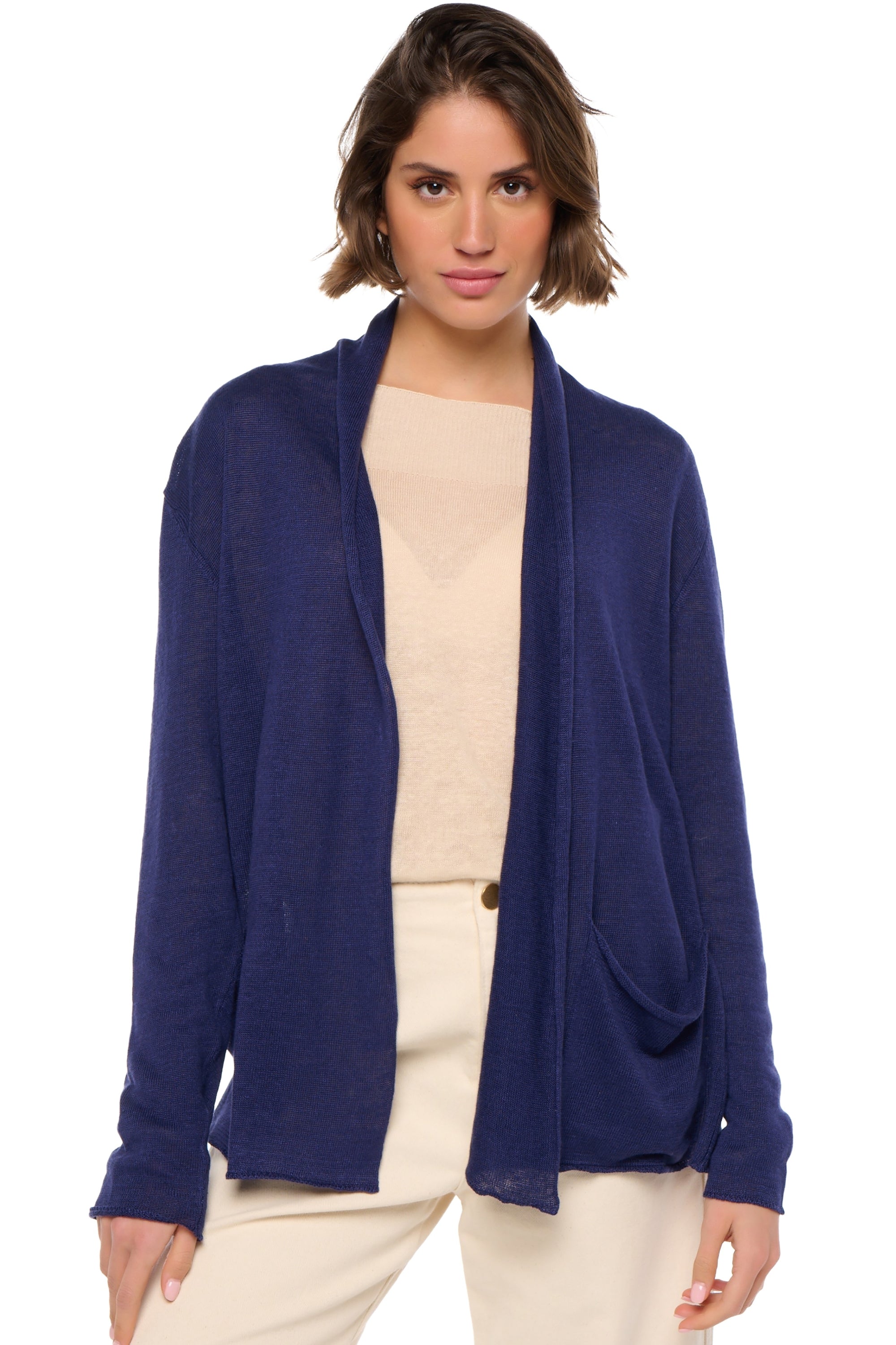 Cardigan in linnen, 100% linnen, dames, zonder kraag, rechte snit, lange mouwen, normaal / 2 en 4 draden, normaal breisel, Mahogany