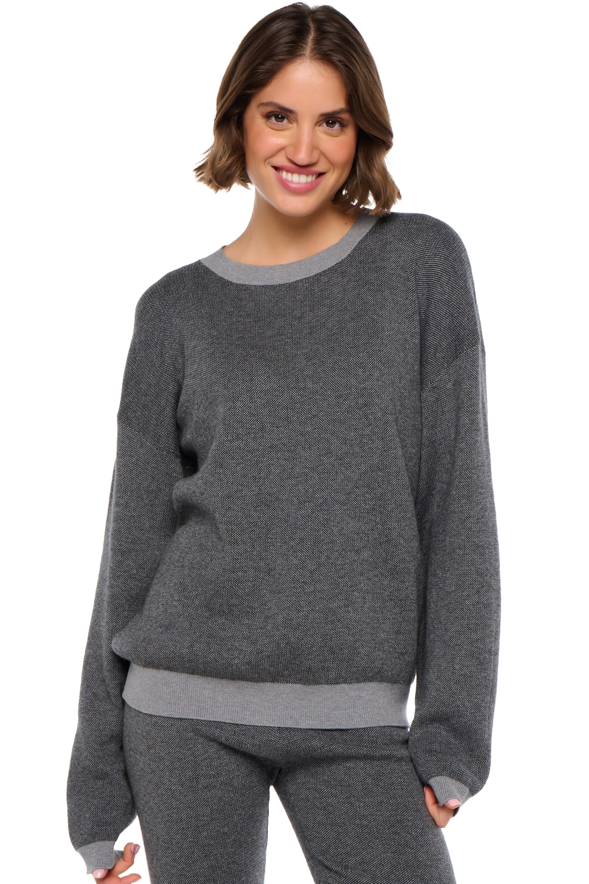 Sweatshirt van kasjmier en katoen, 85% katoen / 15% kasjmier, dames, ronde hals, rechte snit, lange mouwen, normaal / 2 en 4 draden, normale brei, Mahogany