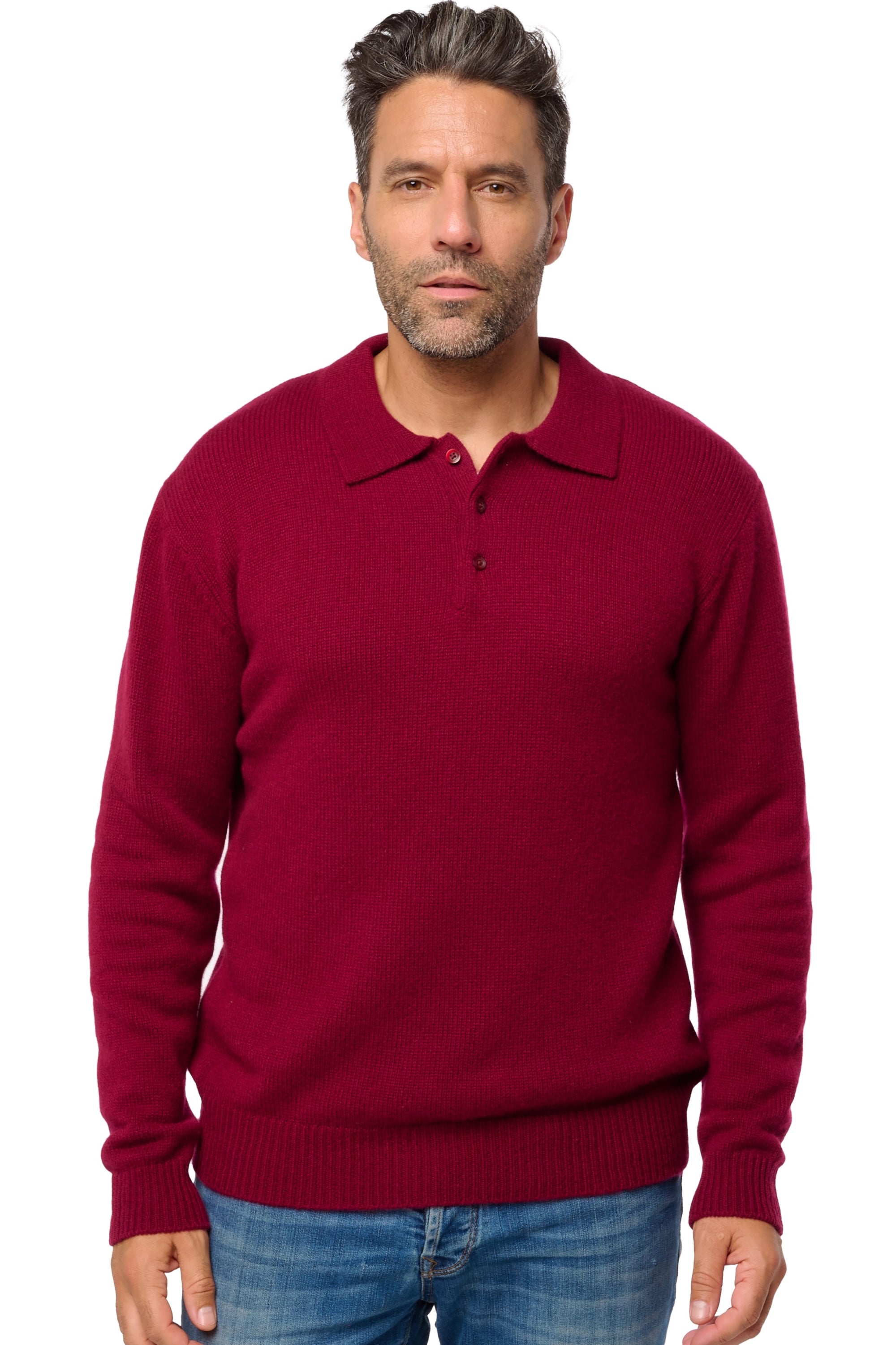 Polo in kasjmier, 100% kasjmier, heren, polokraag, knoopsluiting, rechte pasvorm, lange mouwen, grof / 6 draden en meer, normaal breiwerk, Mahogany