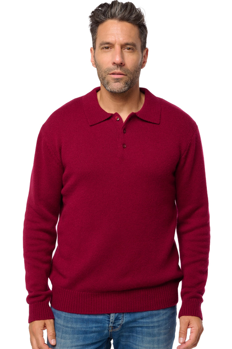 Polo in kasjmier, 100% kasjmier, heren, polokraag, knoopsluiting, rechte pasvorm, lange mouwen, grof / 6 draden en meer, normaal breiwerk, Mahogany