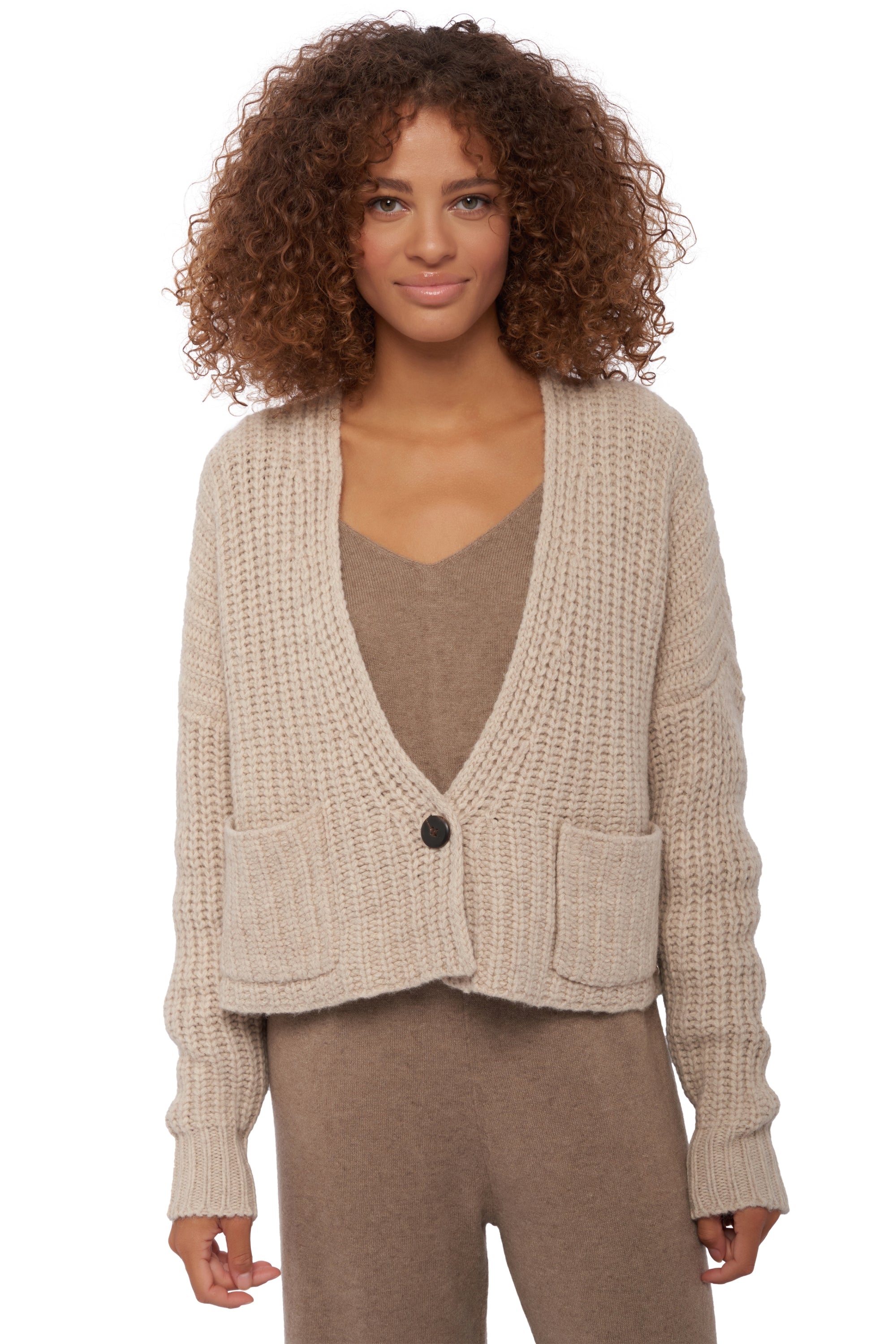 Vest in yak, 100% yak, dames, V-hals, knoopsluiting, oversized snit, lange mouwen, grof / 6 draden en +, , Mahogany