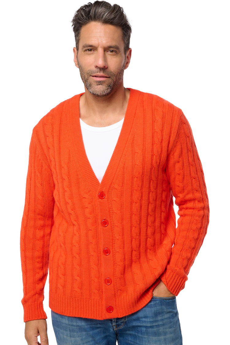 Kasjmieren herenvestje, 100% kasjmier, V-hals, knoopsluiting, rechte pasvorm, lange mouwen, grof / 6 draden en meer, kabelpatroon, Mahogany