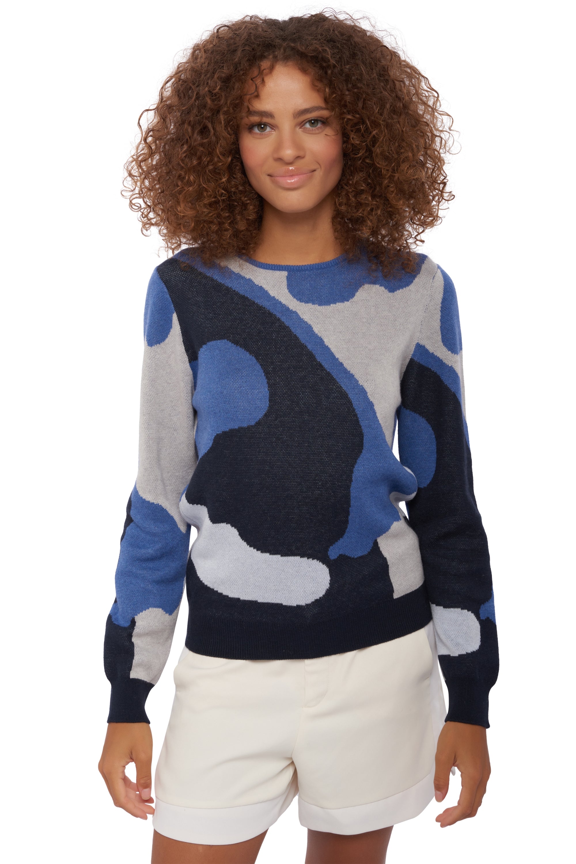Sweatshirt in kasjmier en katoen, 85% katoen / 15% kasjmier, dames, ronde hals, lange mouwen, camouflage, Mahogany