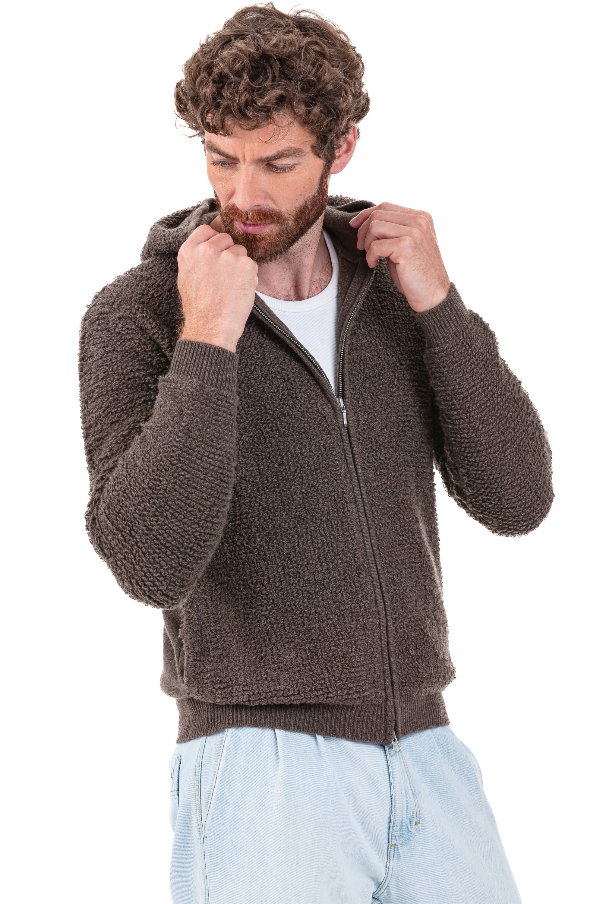 Kasjmieren vest, 100% kasjmier, heren, capuchon, ritssluiting, rechte snit, lange mouwen, grof / 6 draden en meer, , Mahogany