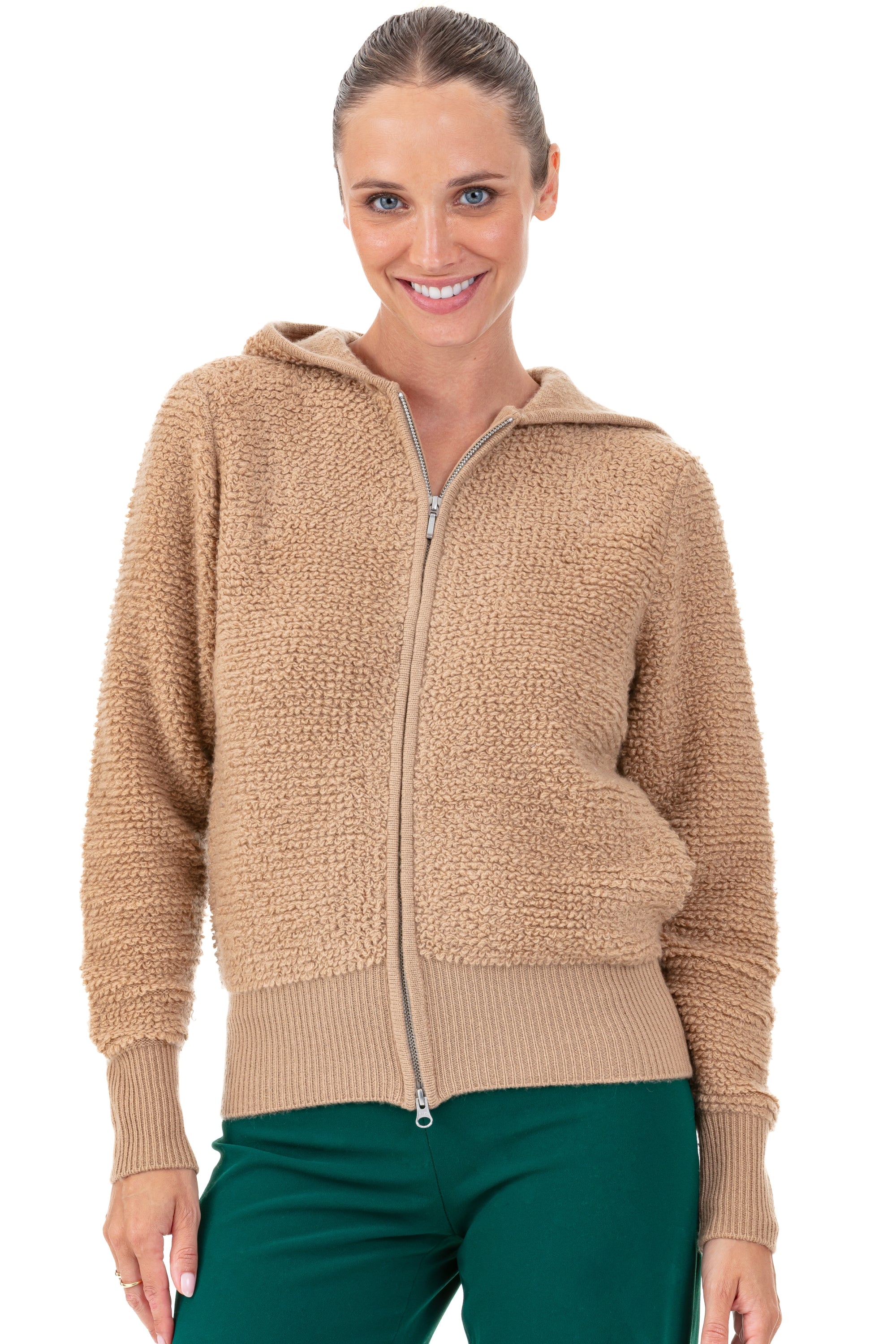 Vest in kasjmier, 100% kasjmier, dames, capuchon, ritsluiting, rechte snit, lange mouwen, grof / 6 draden en meer, , Mahogany