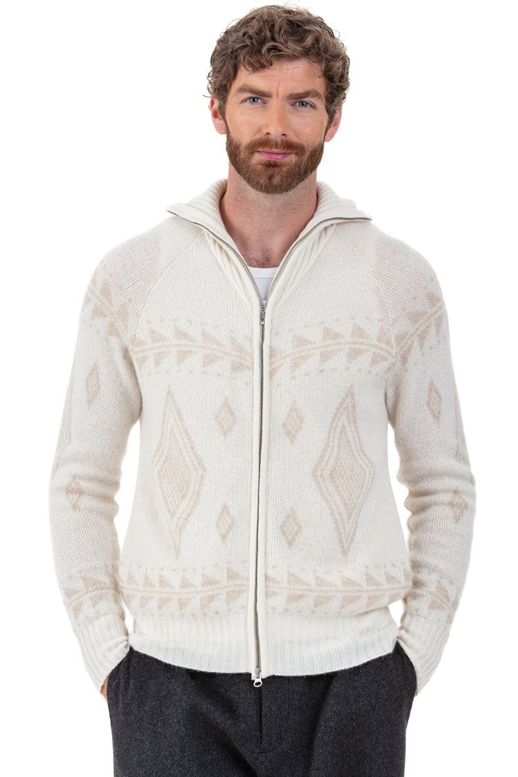 Cardigan in kasjmier, 100% kasjmier, heren, truckerskraag, ritsluiting, rechte snit, lange mouwen, grafisch, normaal / 2 en 4 draden, jacquard, Mahogany