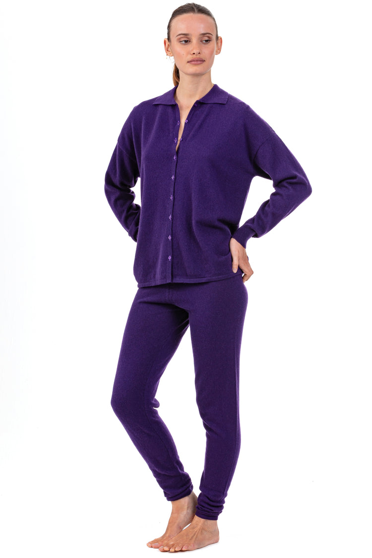 Pyjama in kasjmier, 100% kasjmier, dames, polokraag, knoopsluiting, ruime snit, lange mouwen, normaal / 2 en 4 draden, normale brei, Mahogany