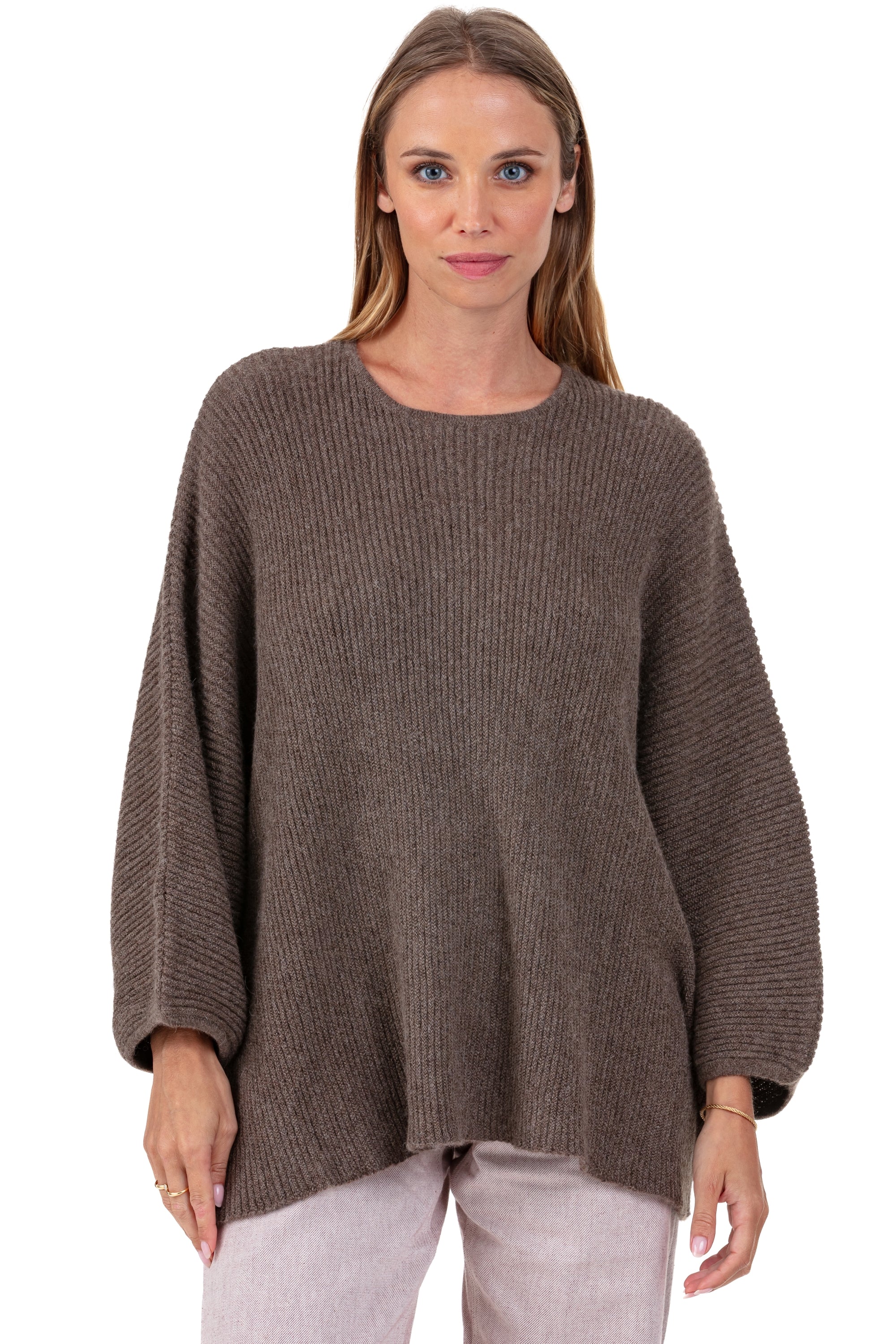Trui van baby alpaca, 100% baby-alpaca, dames, ronde hals, oversized snit, driekwart mouwen, normaal / 2 en 4 draden, geribd, Mahogany