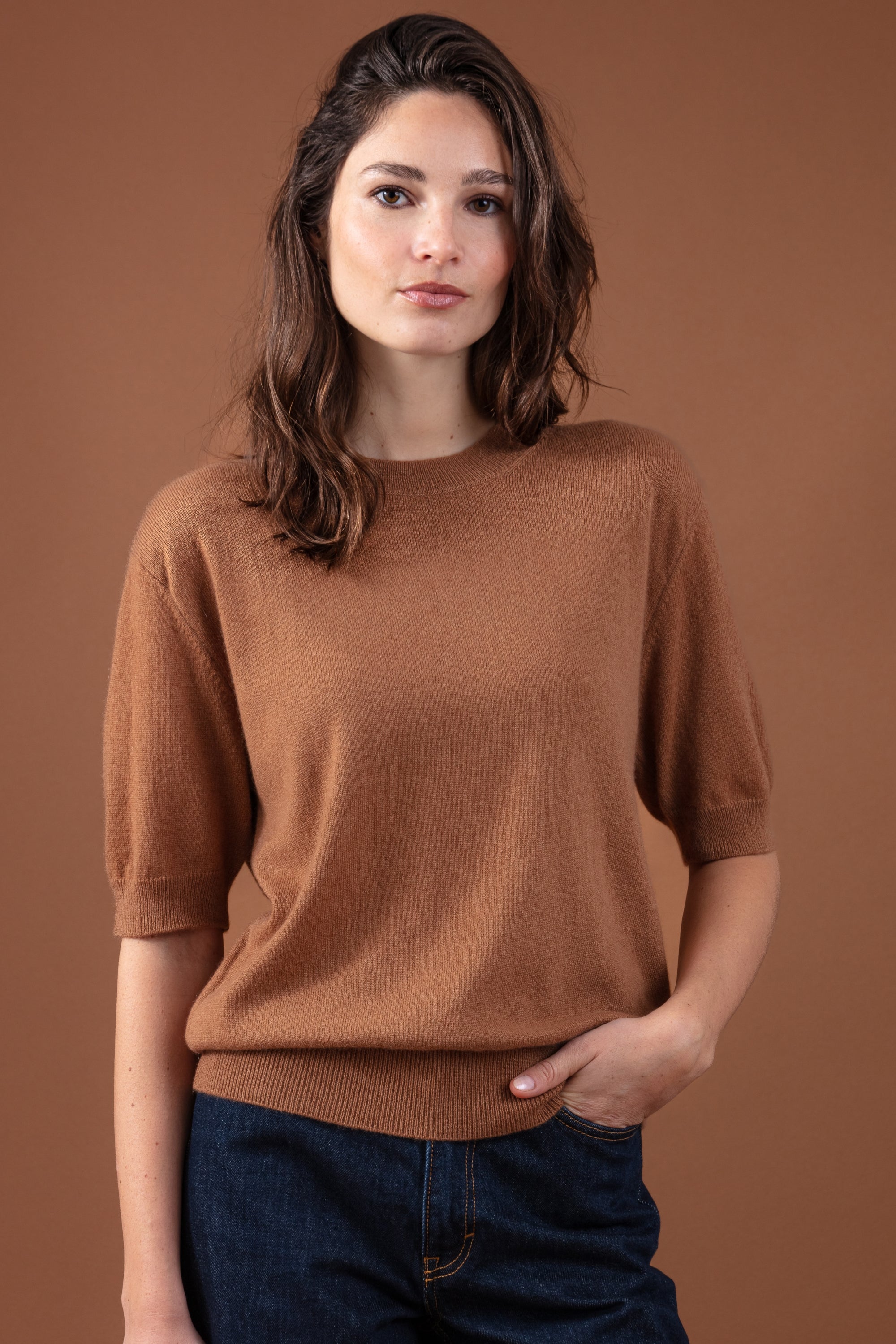 Kasjmieren trui, 100% kasjmier, dames, ronde halslijn, rechte pasvorm, korte mouwen, fijn, , Mahogany