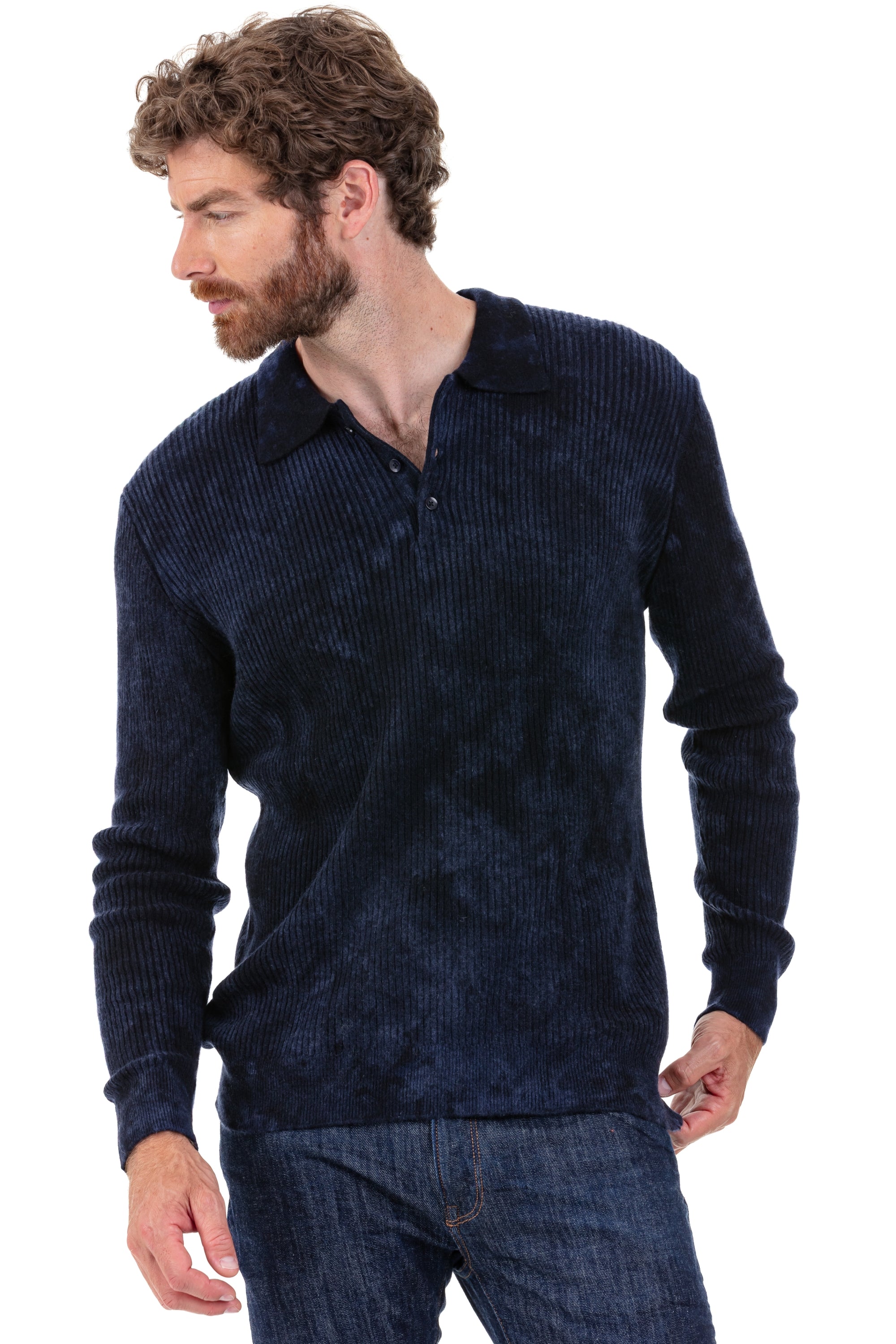 Polo van kasjmier, 100% kasjmier, heren, polokraag, knoopsluiting, rechte snit, lange mouwen, camouflage, normaal / 2 en 4 draden, normale steek, Mahogany