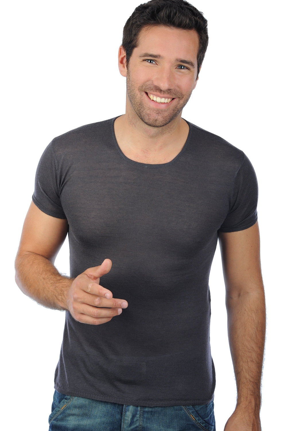 T-shirt in kasjmierdonsvlokken, 100% kasjmierdonsvlokken, heren, ronde hals, nauwsluitende pasvorm, korte mouwen, normaal / 2 en 4 draden, normaal breiwerk, Mahogany