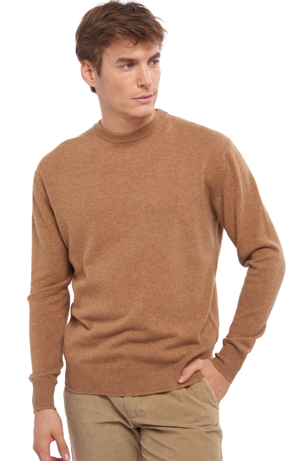 Nestor kasjmier heren trui - camel chiné - Mahogany