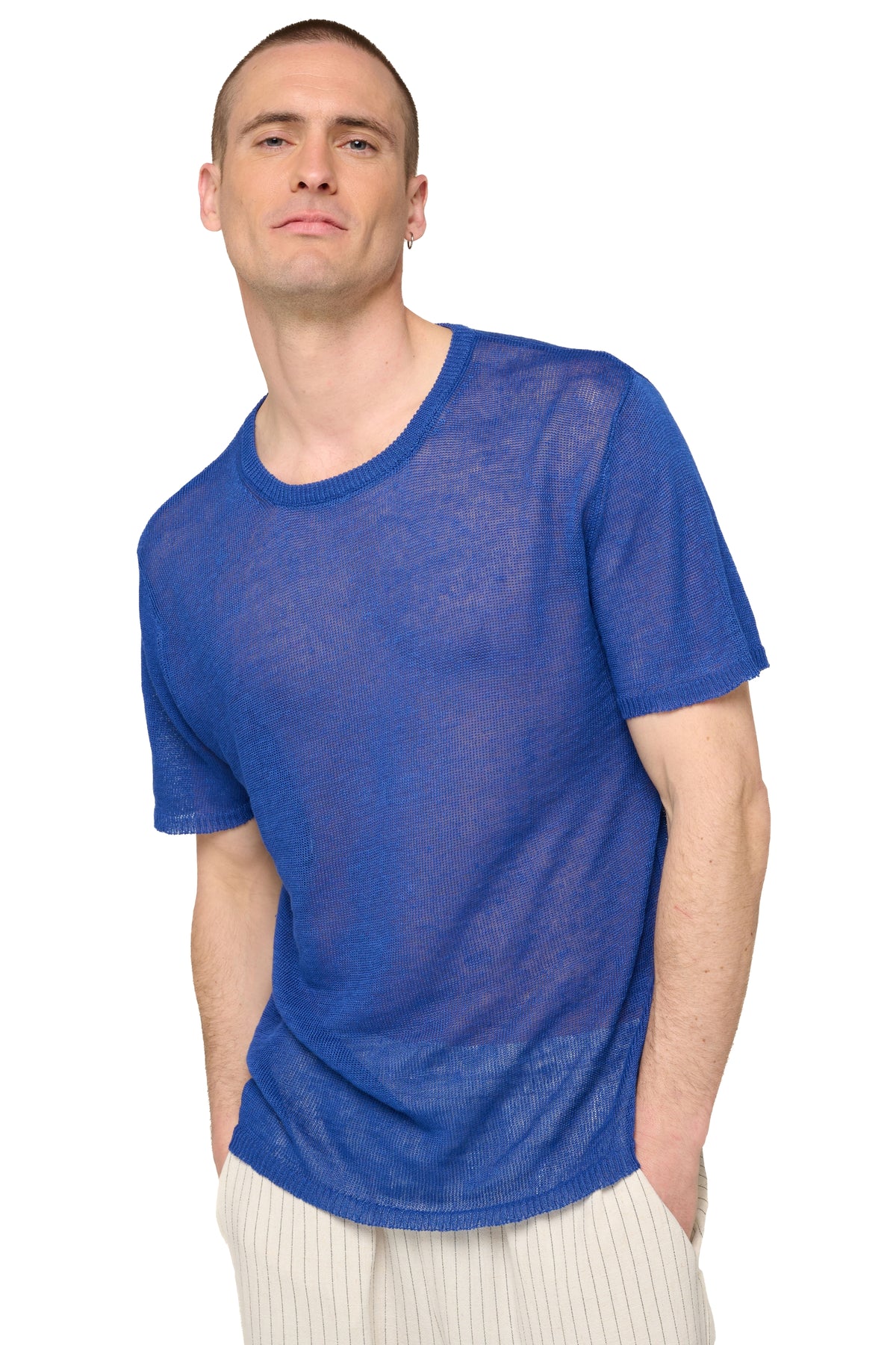 T-shirt in linnen, 100% linnen, heren, ronde hals, korte mouwen, fijn, , Mahogany