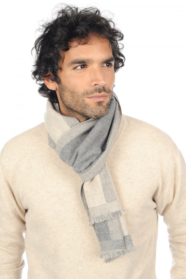 Kasjmier accessoires sjaals tonnerre grijs gemeleerd tijdloos beige 180 x 24 cm