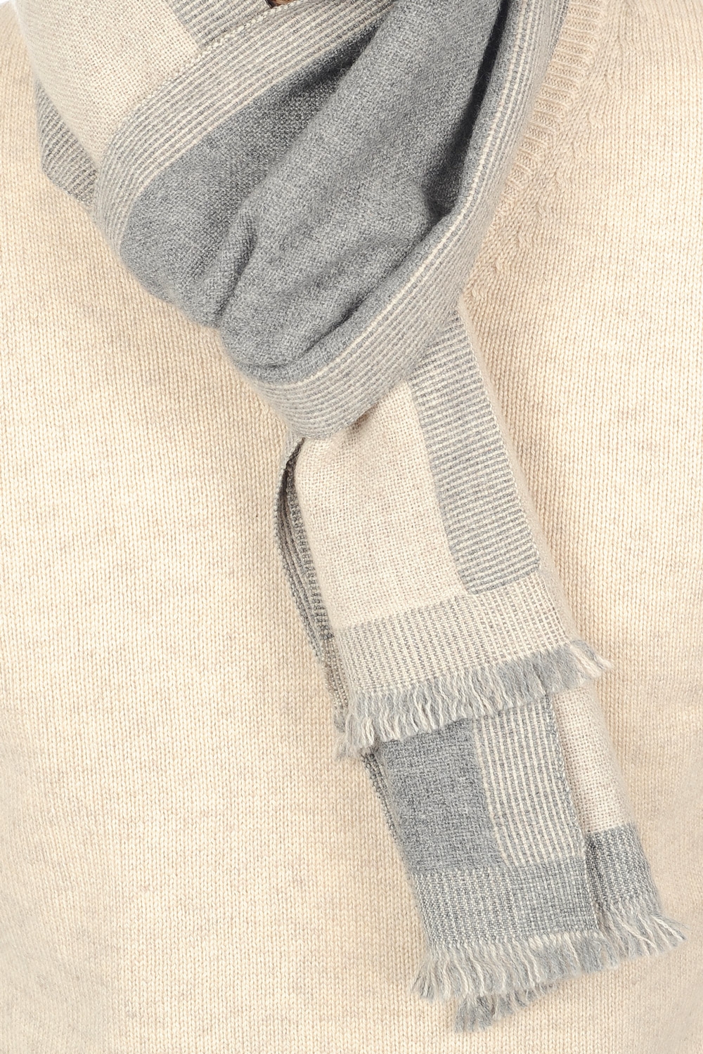 Kasjmier accesoires sjaals tonnerre grijs gemeleerd tijdloos beige 180 x 24 cm