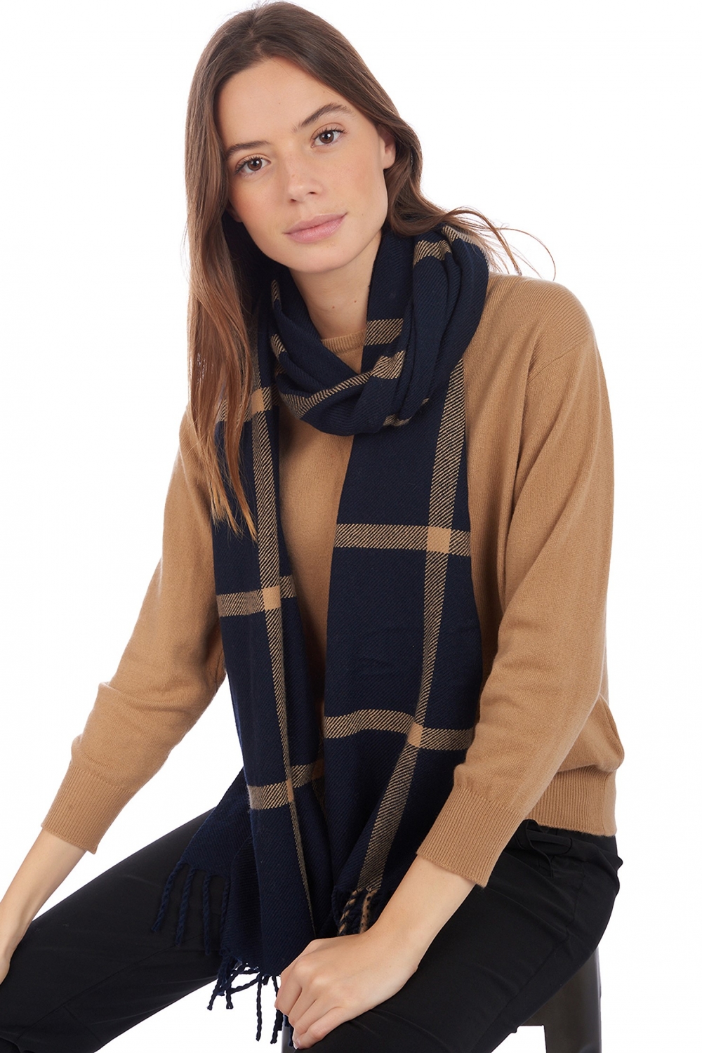 Kasjmier accessoires sjaals amsterdam donker marine camel 50 x 210 cm