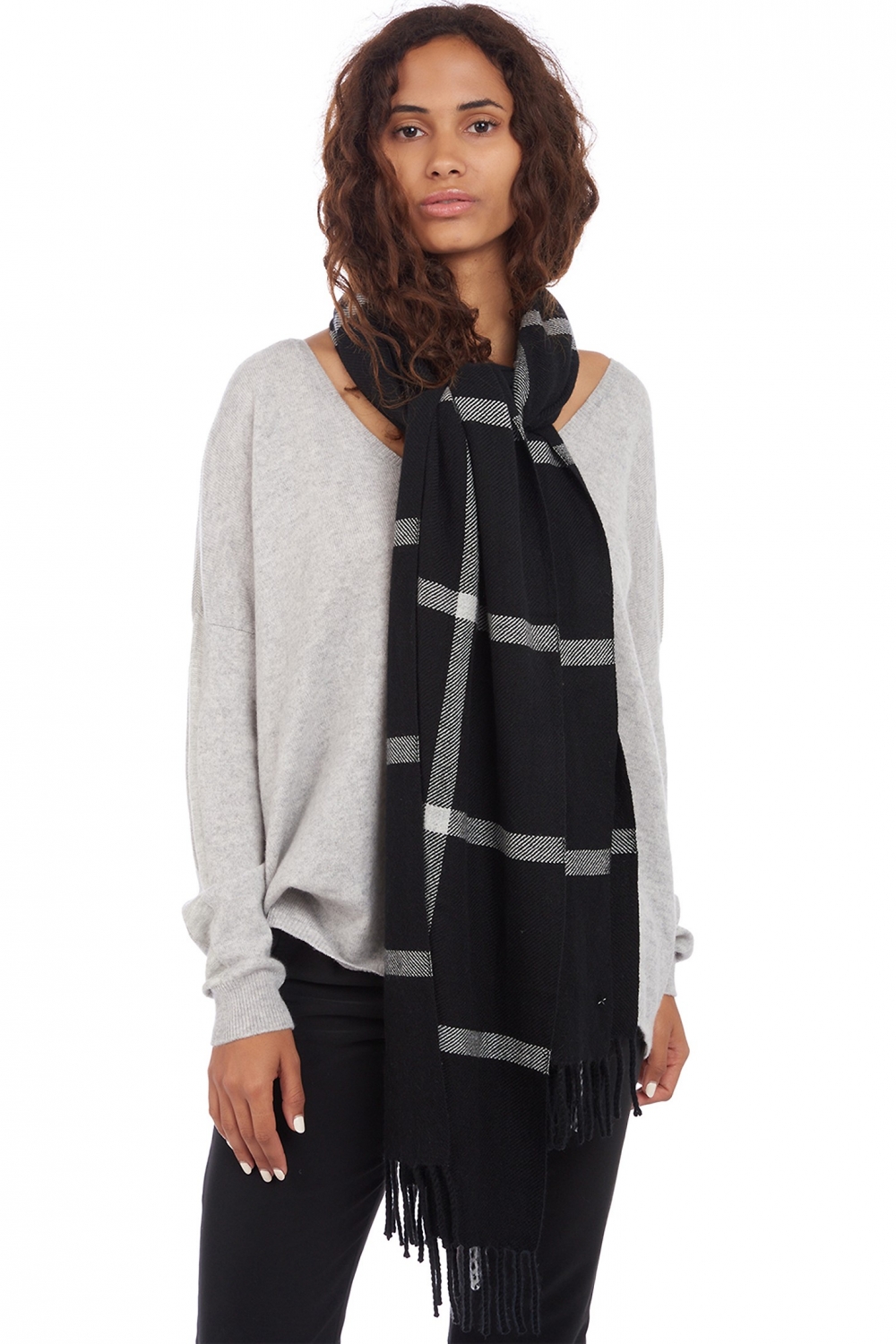 Kasjmier accessoires sjaals amsterdam zwart flanel grijs gemeleerd 50 x 210 cm