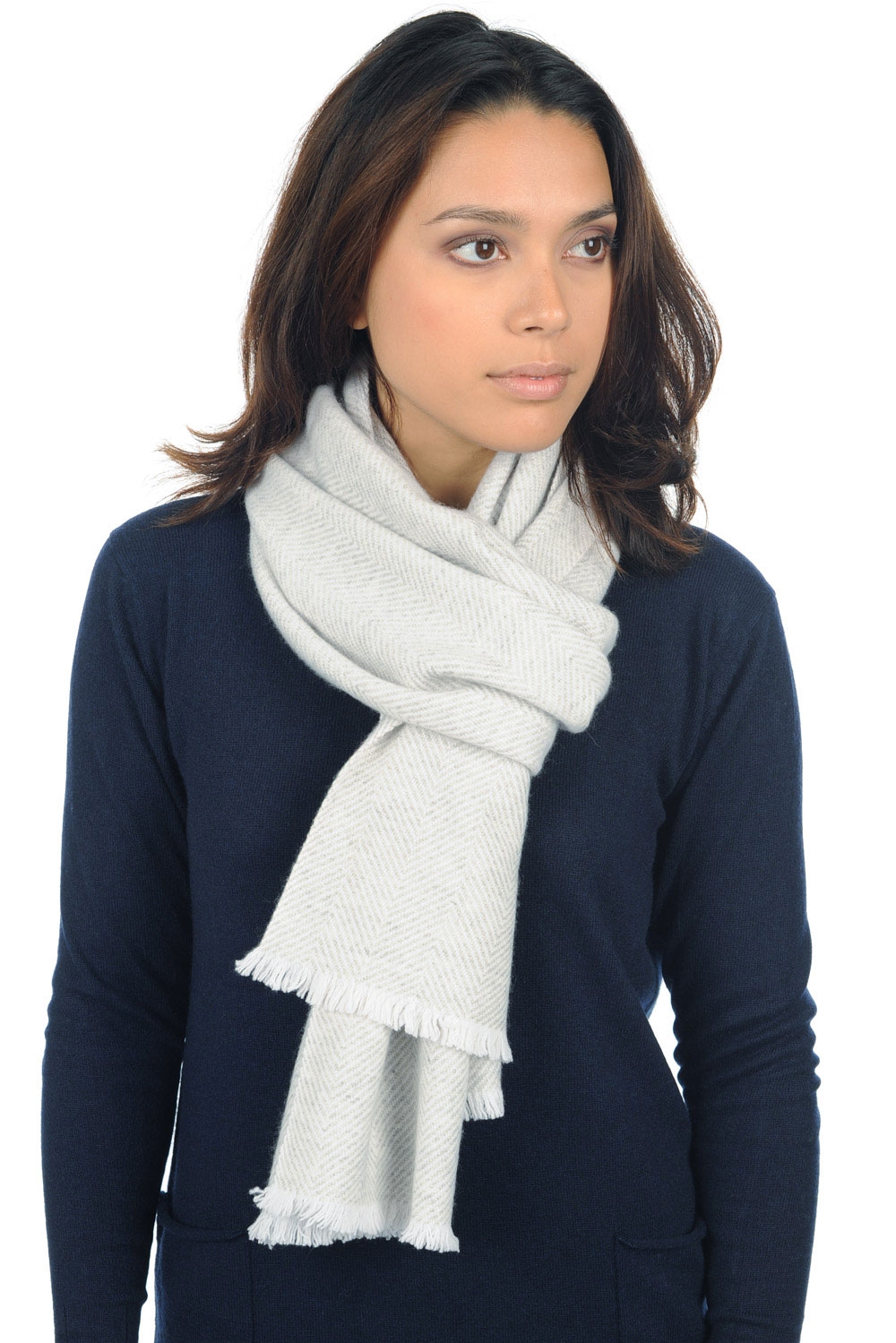 Kasjmier accessoires sjaals orage gebroken wit flanel grijs gemeleerd 200 x 35 cm