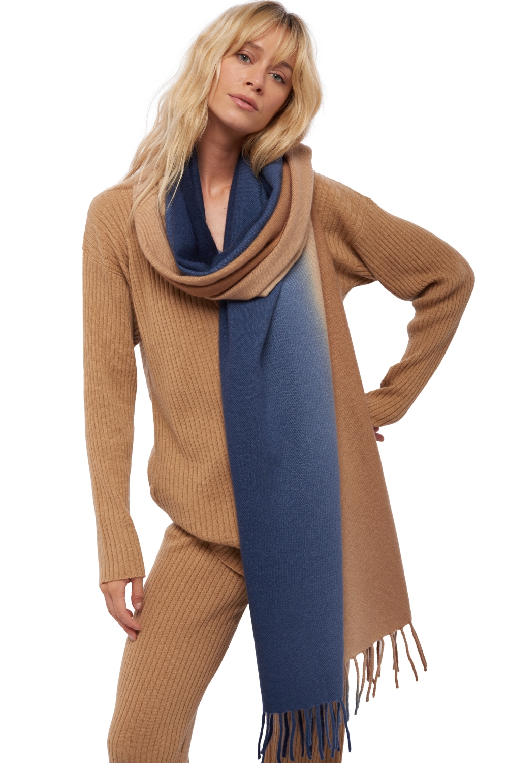 Kasjmier accessoires sjaals vaasa camel donker marine 200 x 70 cm