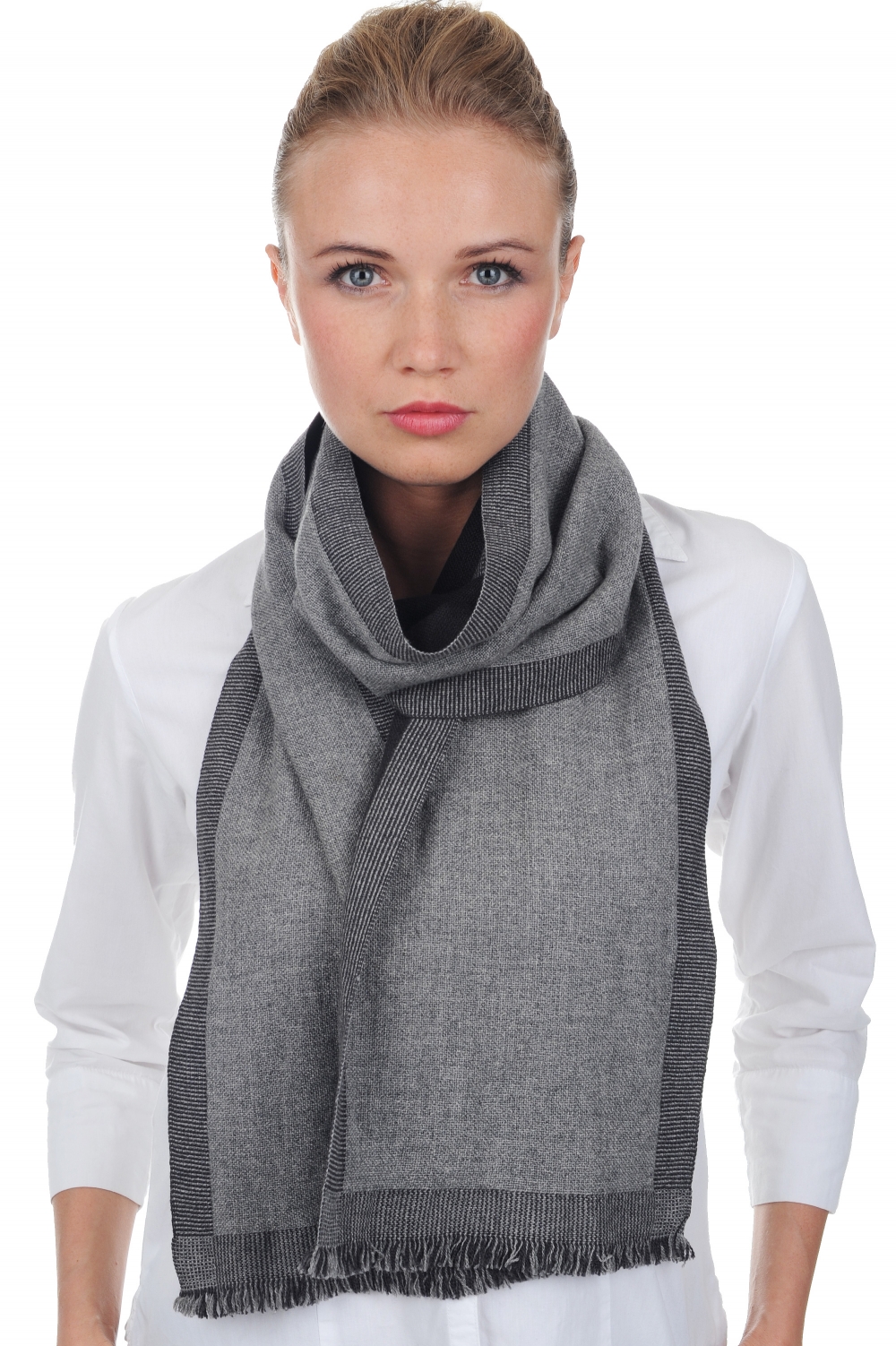 Kasjmier dames kasjmier sjaals tonnerre grijs gemeleerd anthraciet 180 x 24 cm